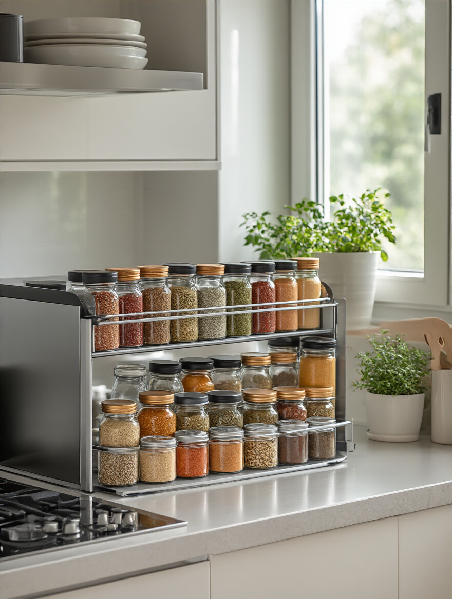 A modern kitchen featuring a built-in spice rack with organized jars of spices.