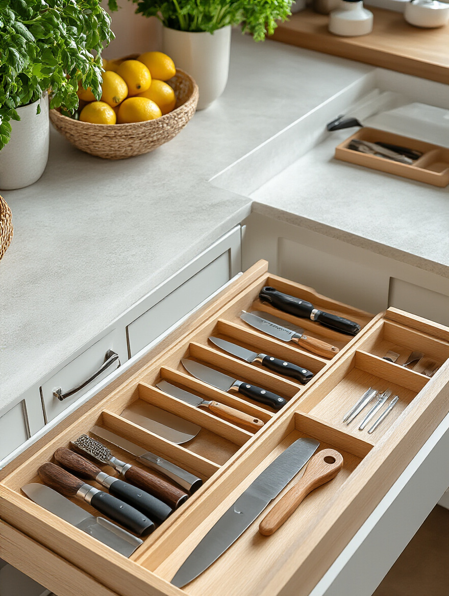Organized kitchen drawer with custom inserts for knives and gadgets