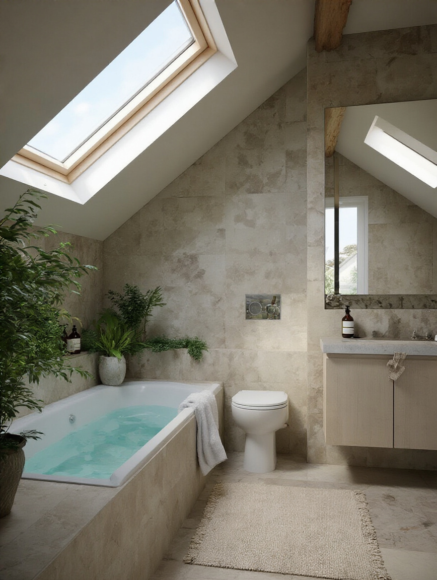 A freshly remodeled bathroom with natural light and a skylight