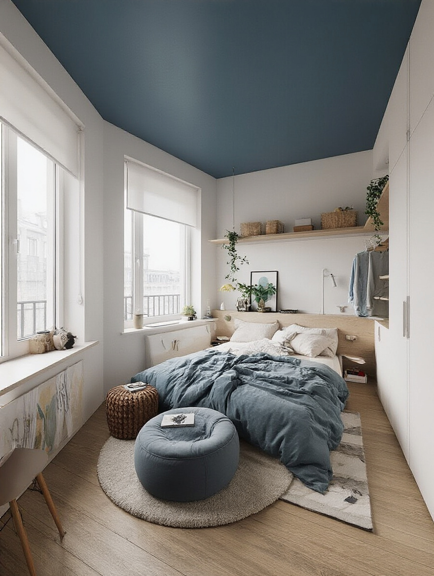 A well organised small bedroom in an apartment