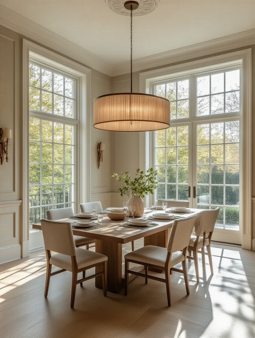 A well-measured dining room showing optimal furniture placement with natural lighting.