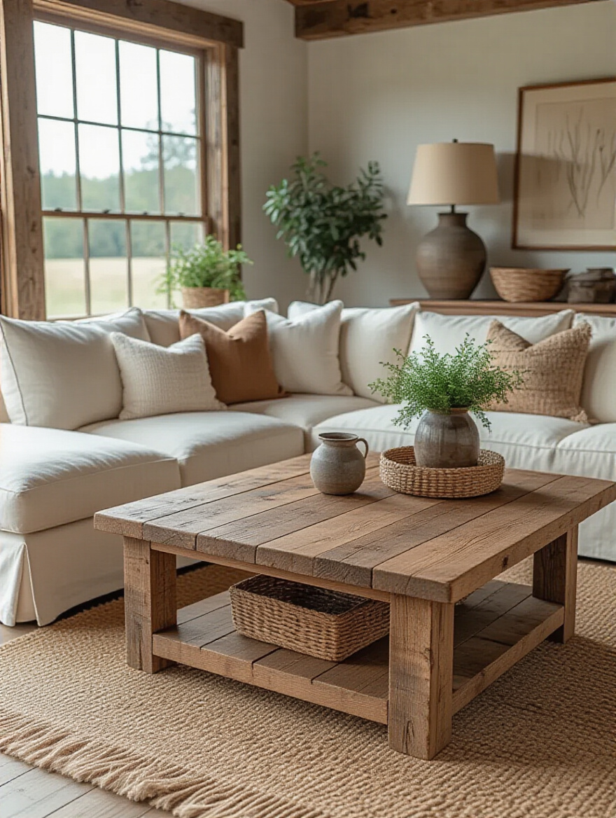 A rustic living room with a reclaimed wood coffee table and cream linen sectional sofa.