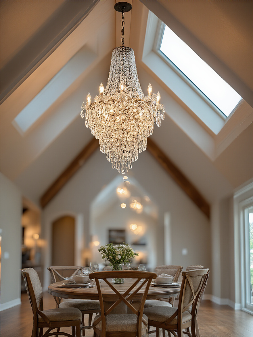 Dining room chandelier installed perfectly vertical on a sloped ceiling with swivel canopy adapter