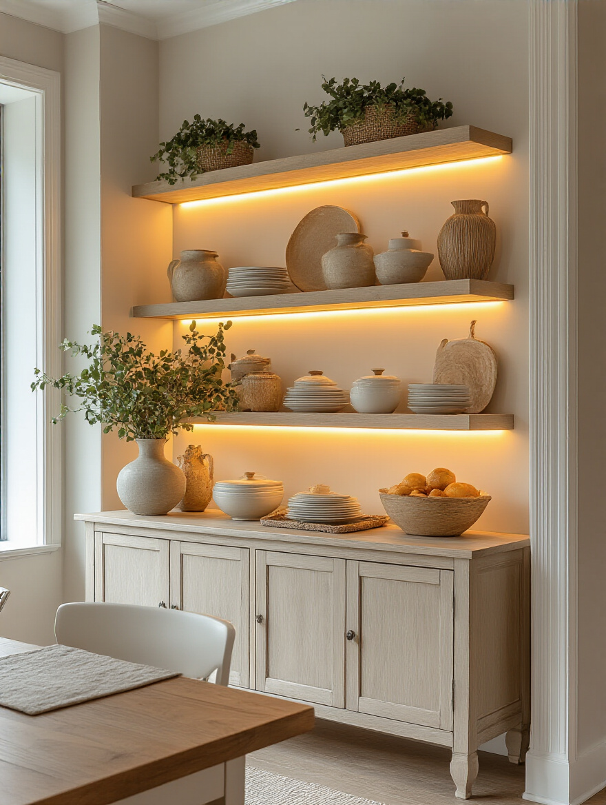Accent lighting highlighting a buffet area in a dining room