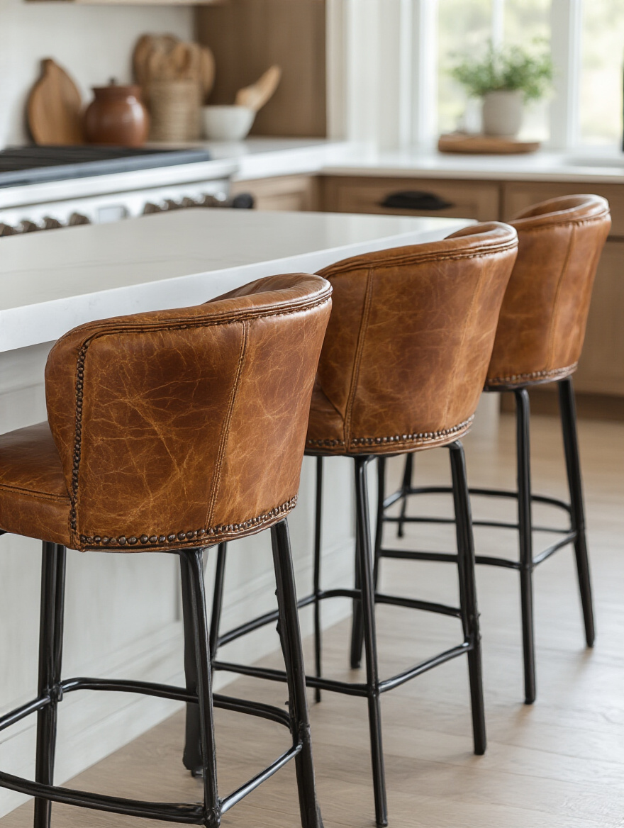 Distressed leather bar stools with caramel tones at a white quartz kitchen island in a brown kitchen