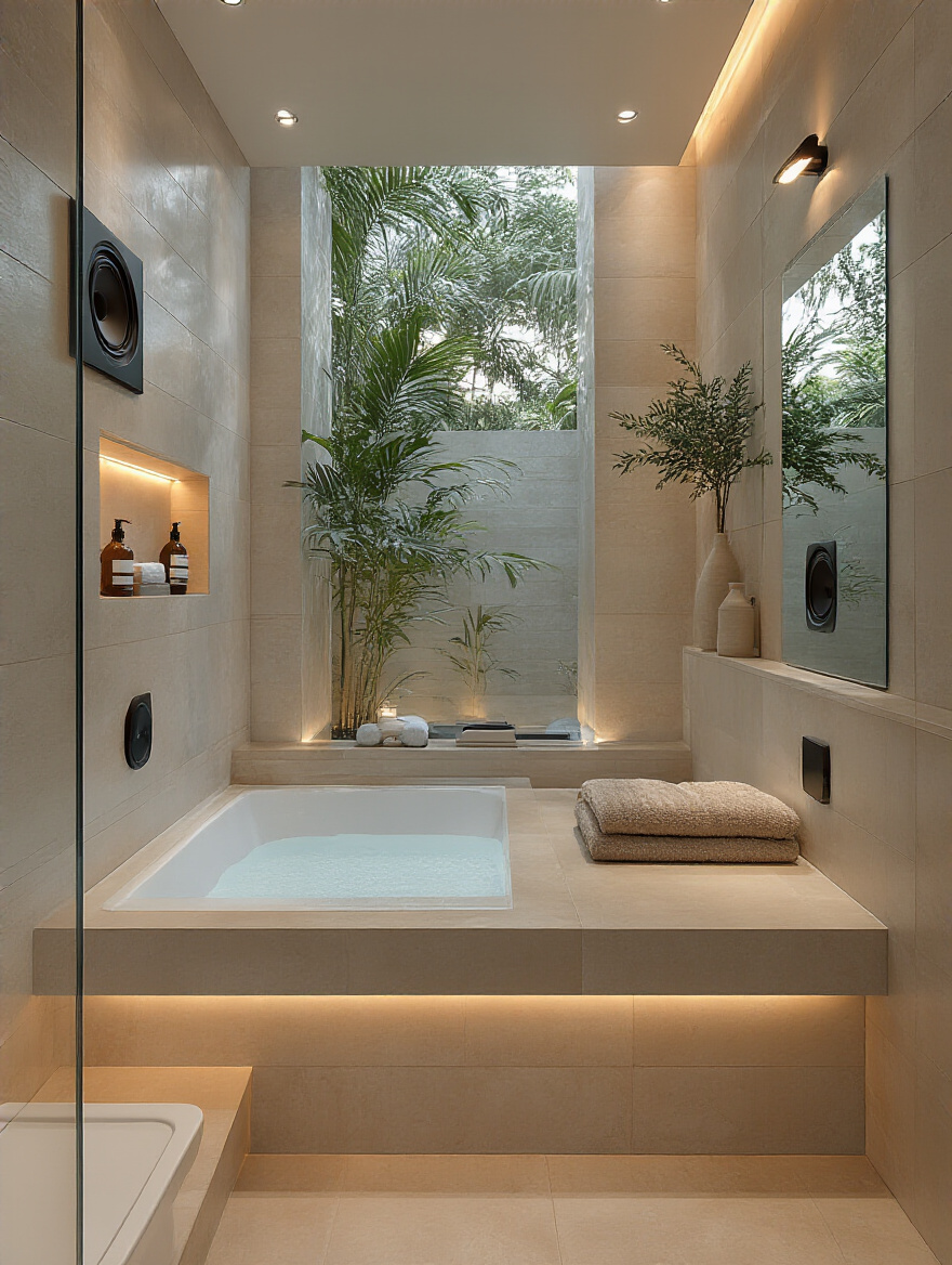 Modern bathroom with integrated sound system and soft lighting for a relaxing atmosphere
