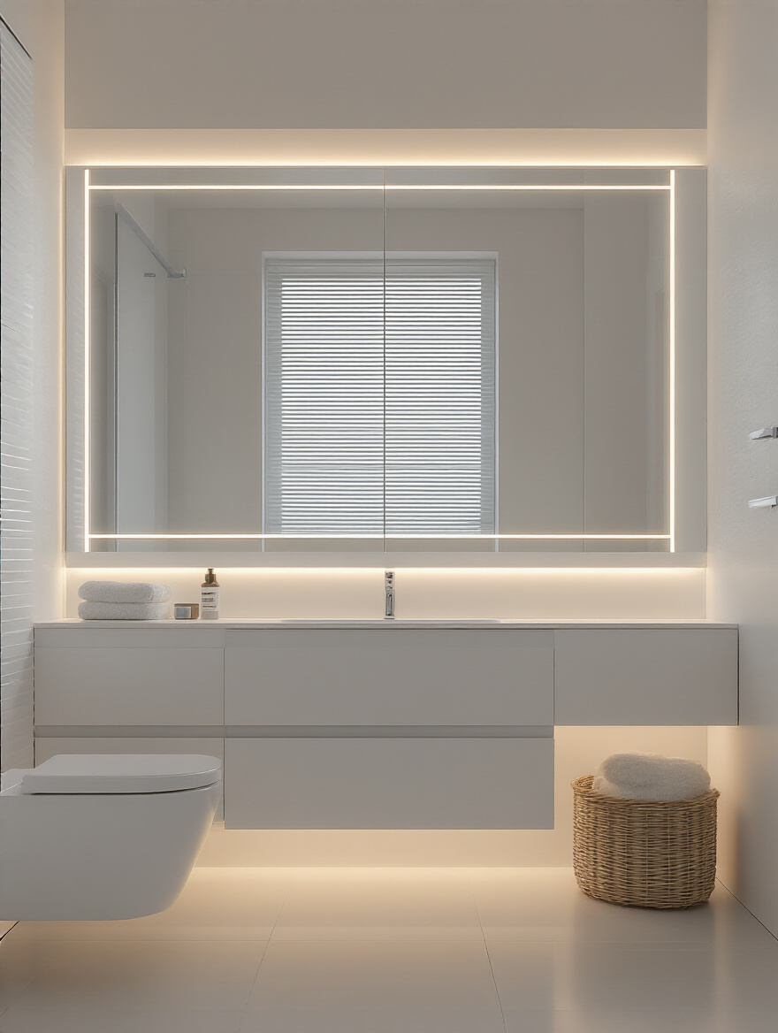Modern bathroom with recessed LED strip lighting under floating vanity and behind mirror creating subtle accent lighting