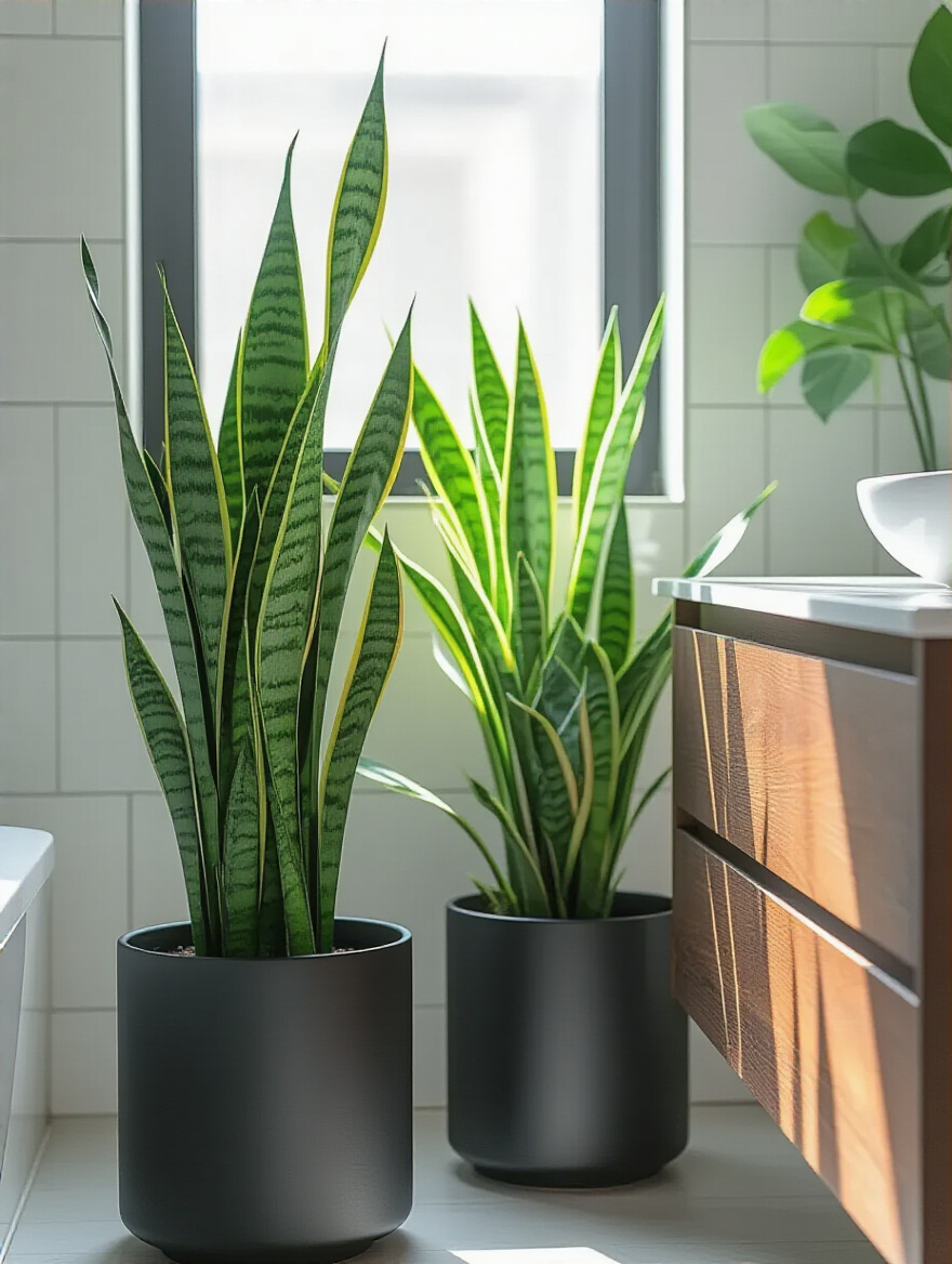 Modern bathroom with a tall Snake Plant in a matte black planter next to a dark wood vanity and white tiles
