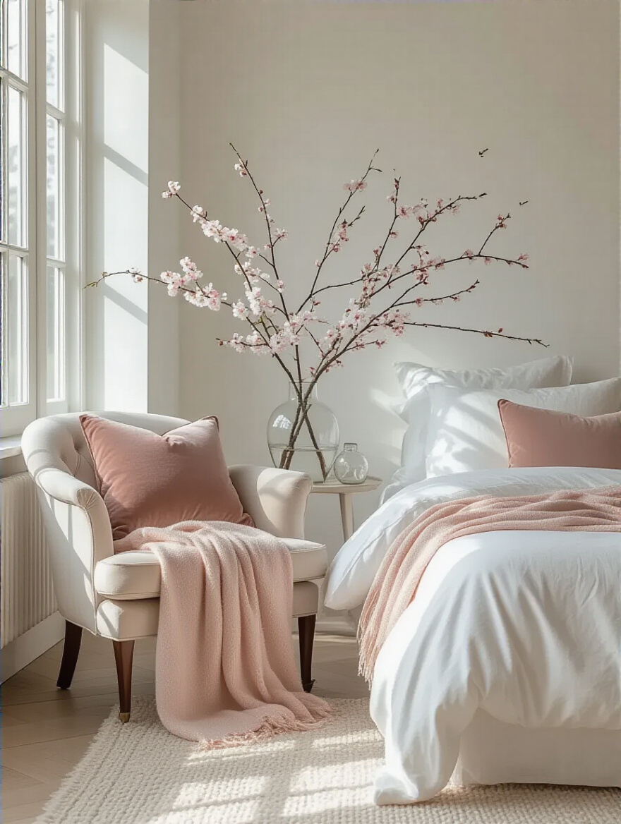 Serene white bedroom with soft blush pink linens and a glass vase holding cherry blossoms on bedside table