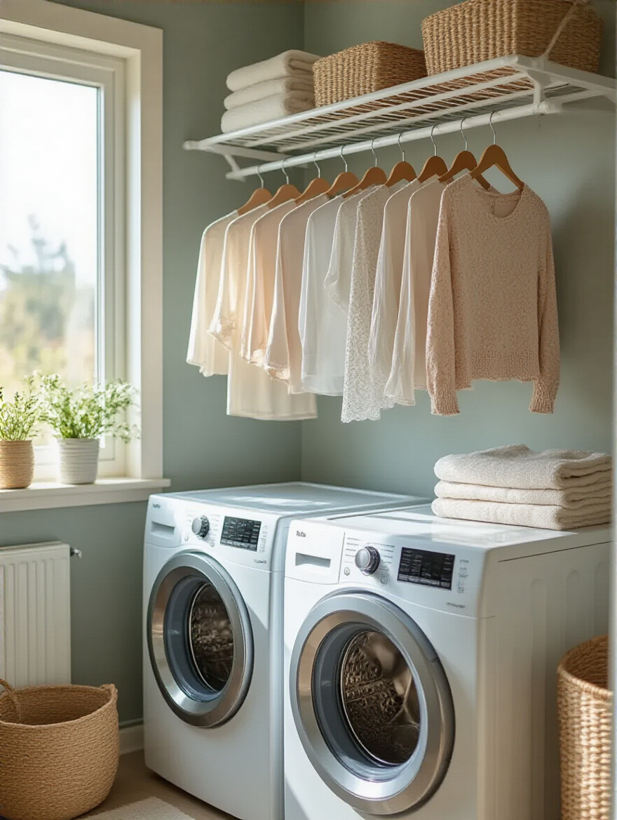 Wall-mounted drying rack for delicates in a modern laundry room