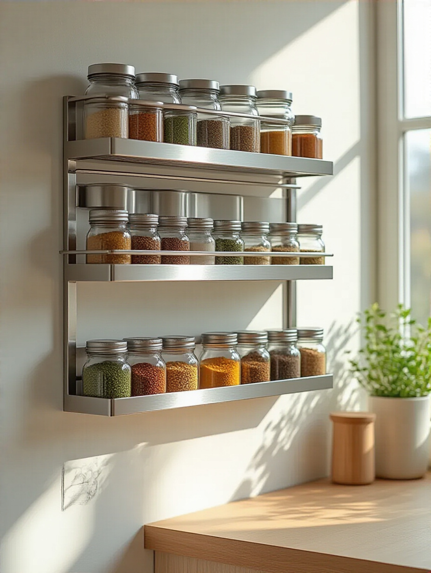 A modern kitchen featuring a stylish wall-mounted spice rack with labeled glass jars.