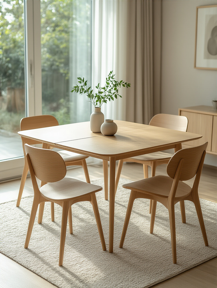 Modern dining room with a sleek expandable dining table in compact form under natural light