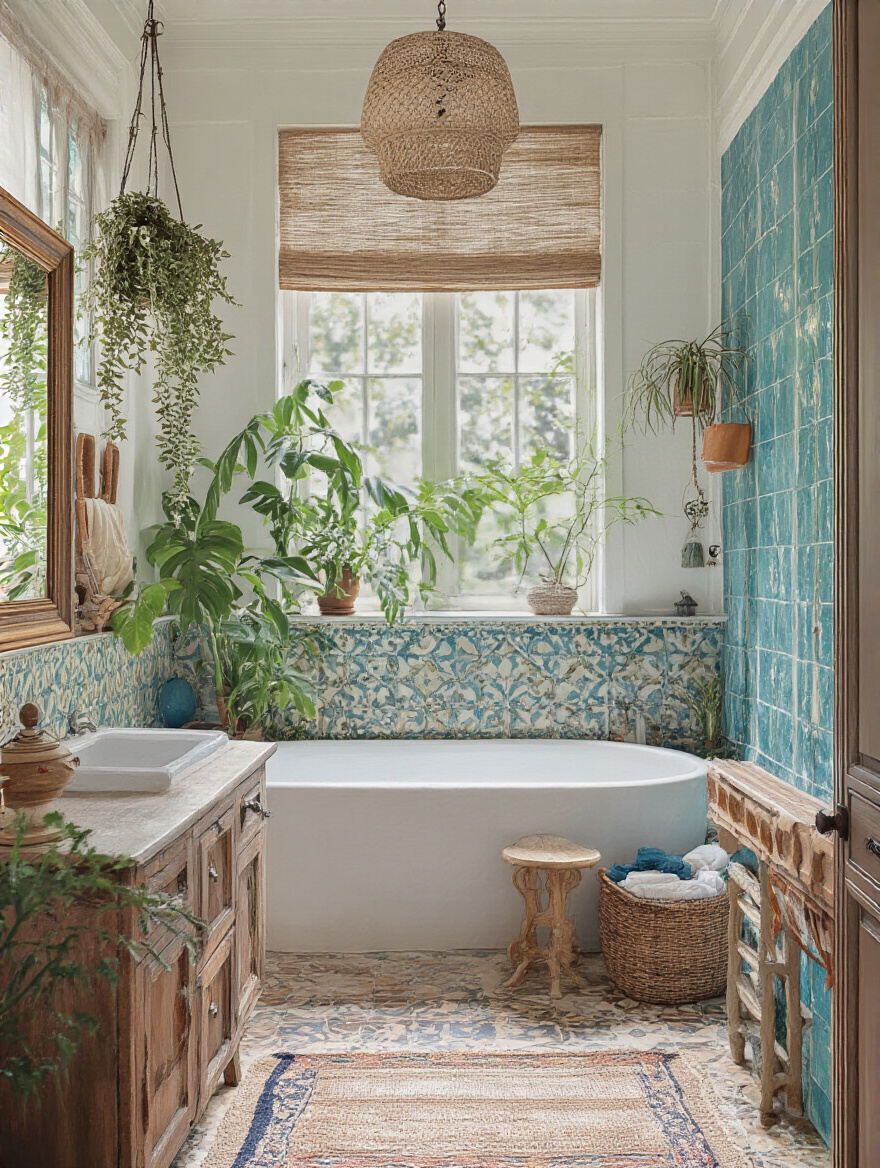 An eclectic boho bathroom beautifully renovated