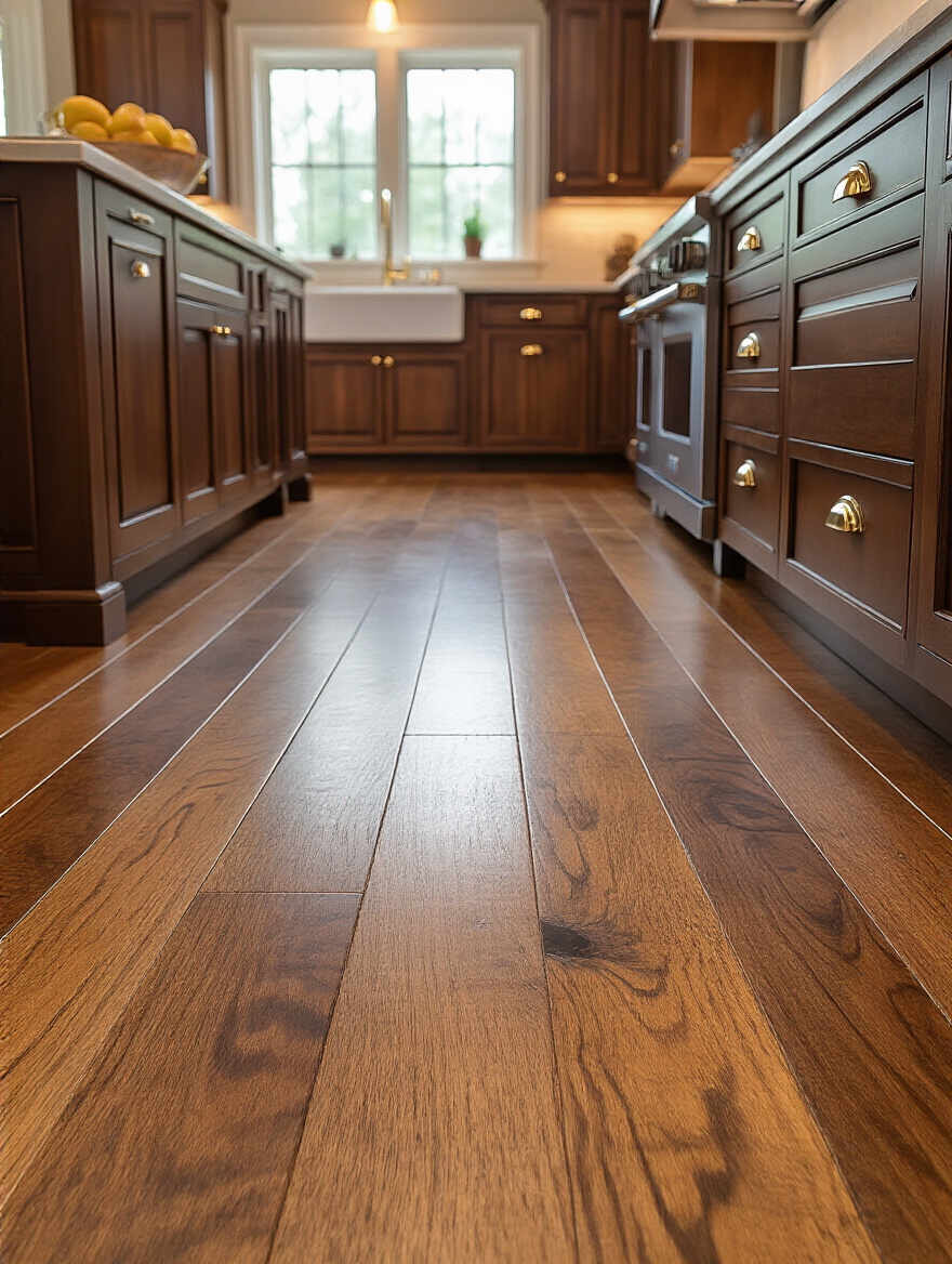 Deep tone hardwood flooring in a warm brown kitchen with rich walnut wide planks and light cabinetry under soft natural light