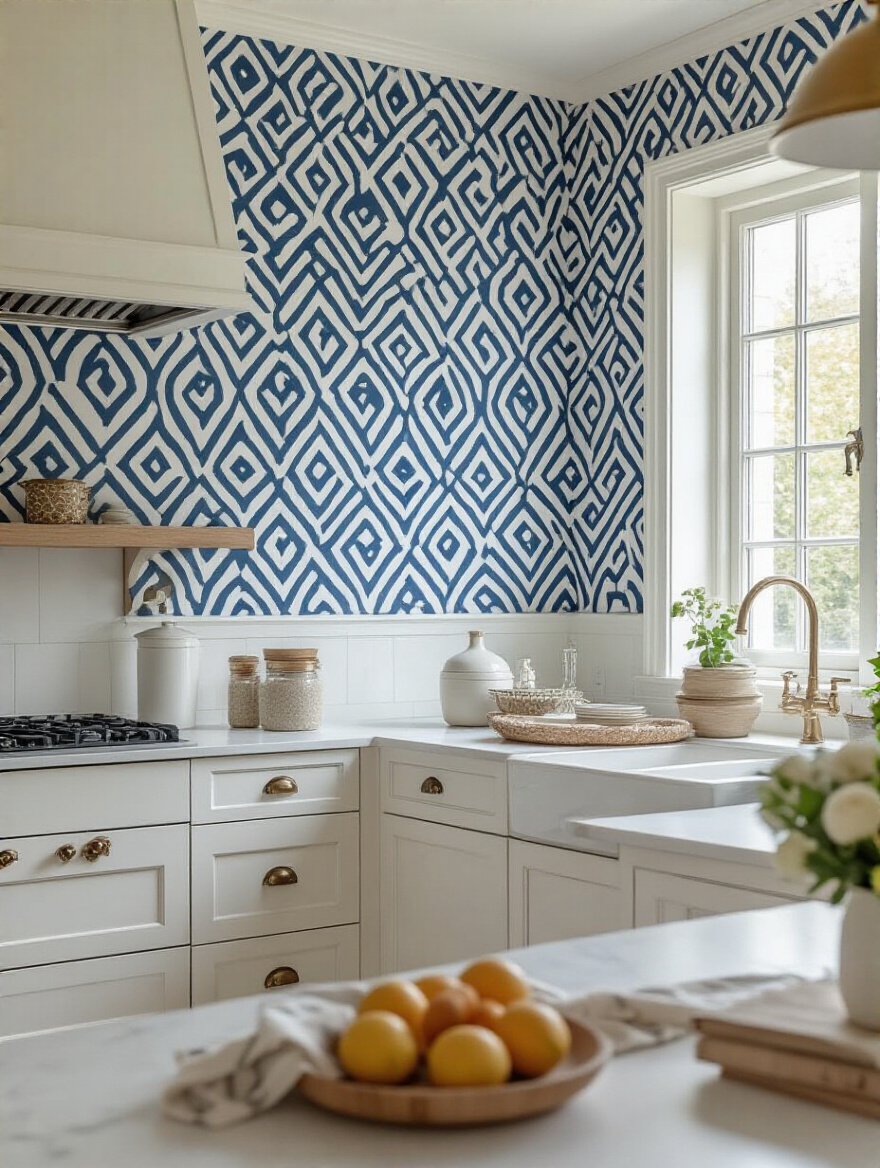 Stylish kitchen with wallpaper above cabinets showcasing a bold geometric design