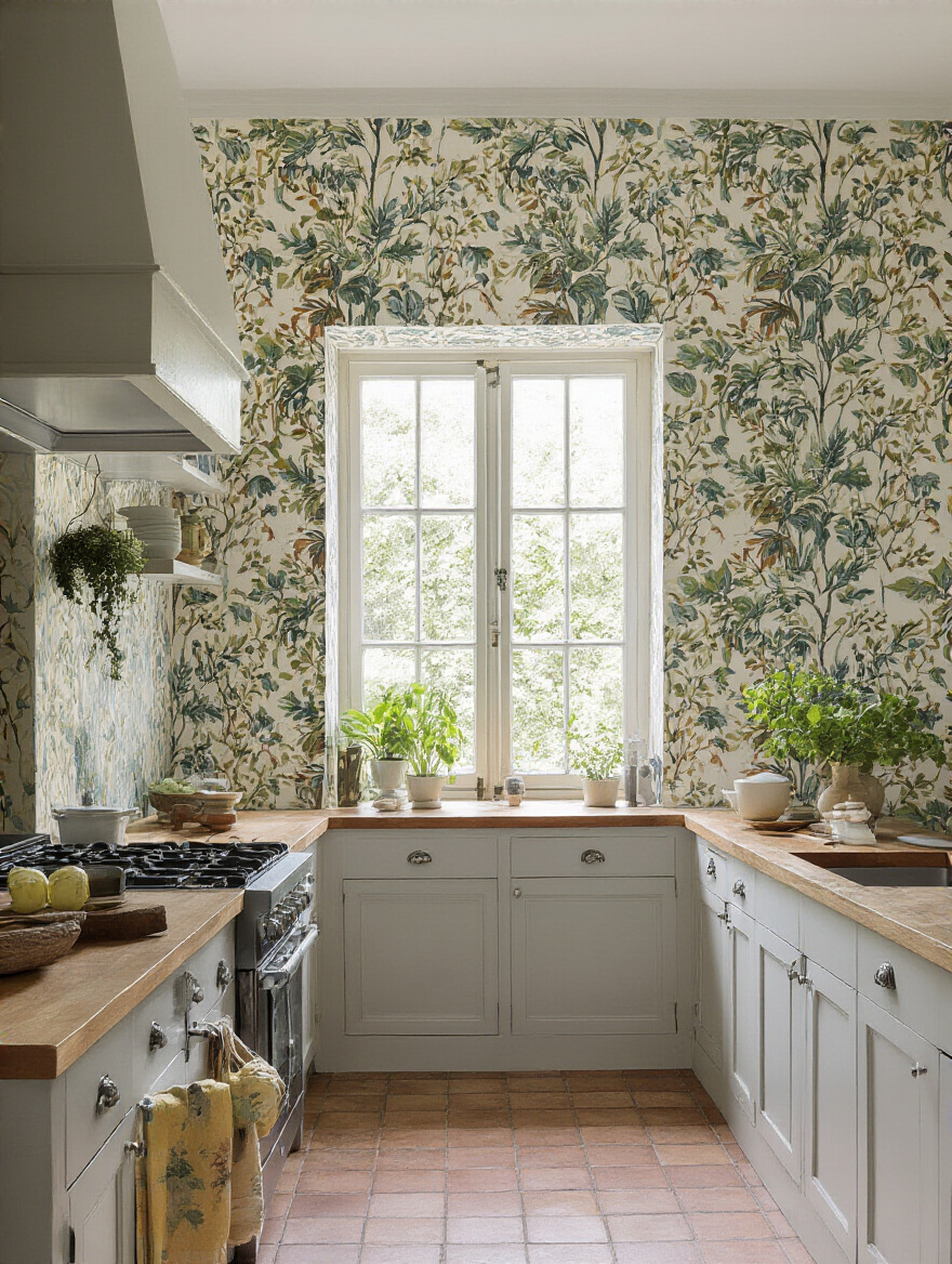 Kitchen with statement accent wallpaper featuring a vibrant botanical pattern.