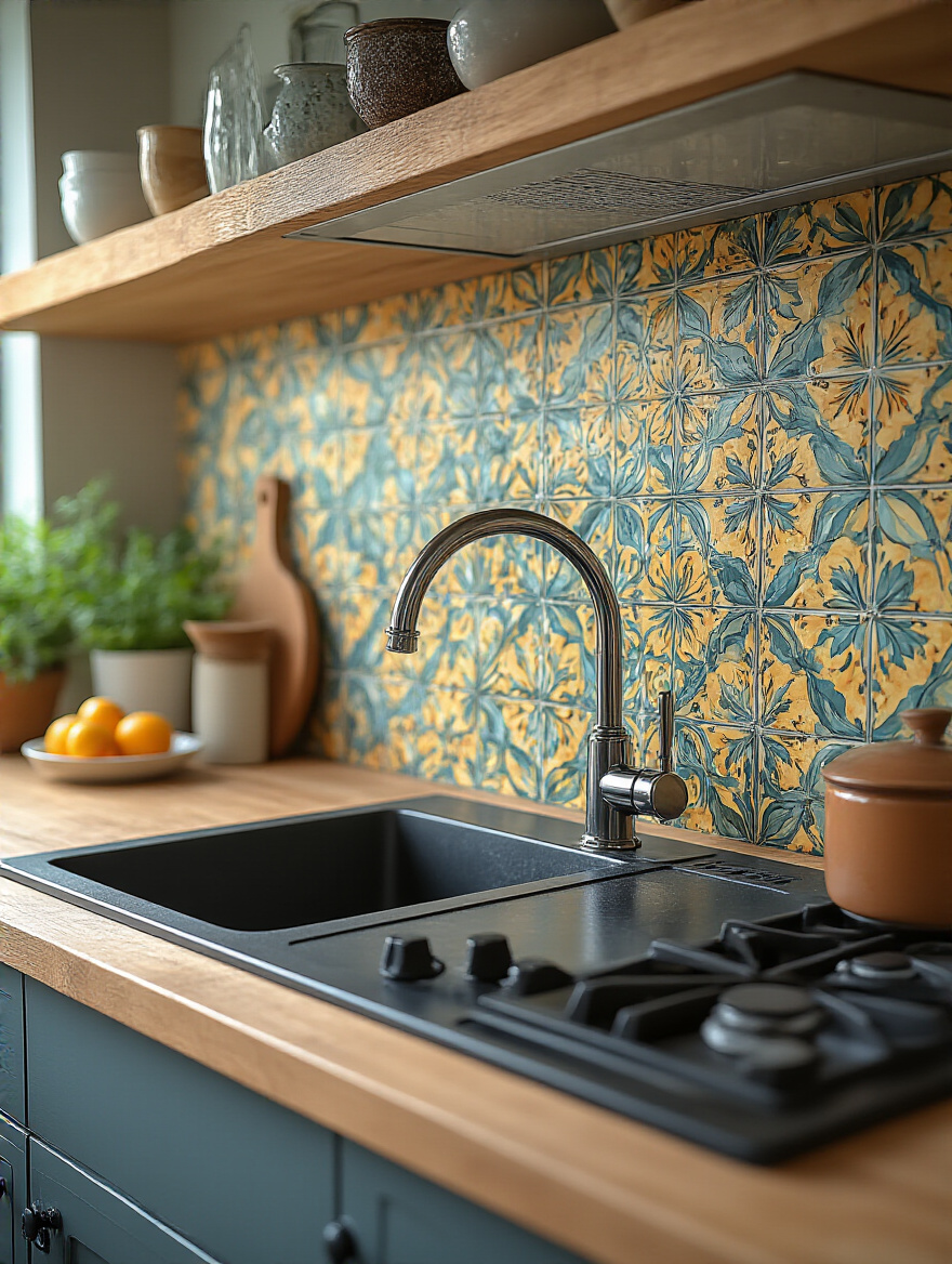 Kitchen backsplash with protective top coat on wallpaper