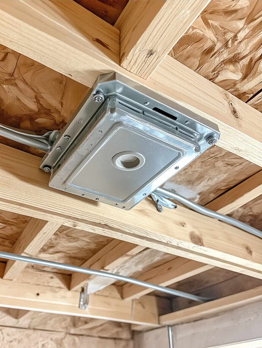 Close-up of a heavy-duty ceiling electrical box and metal brace securely mounted between wooden ceiling joists, ready for chandelier installation