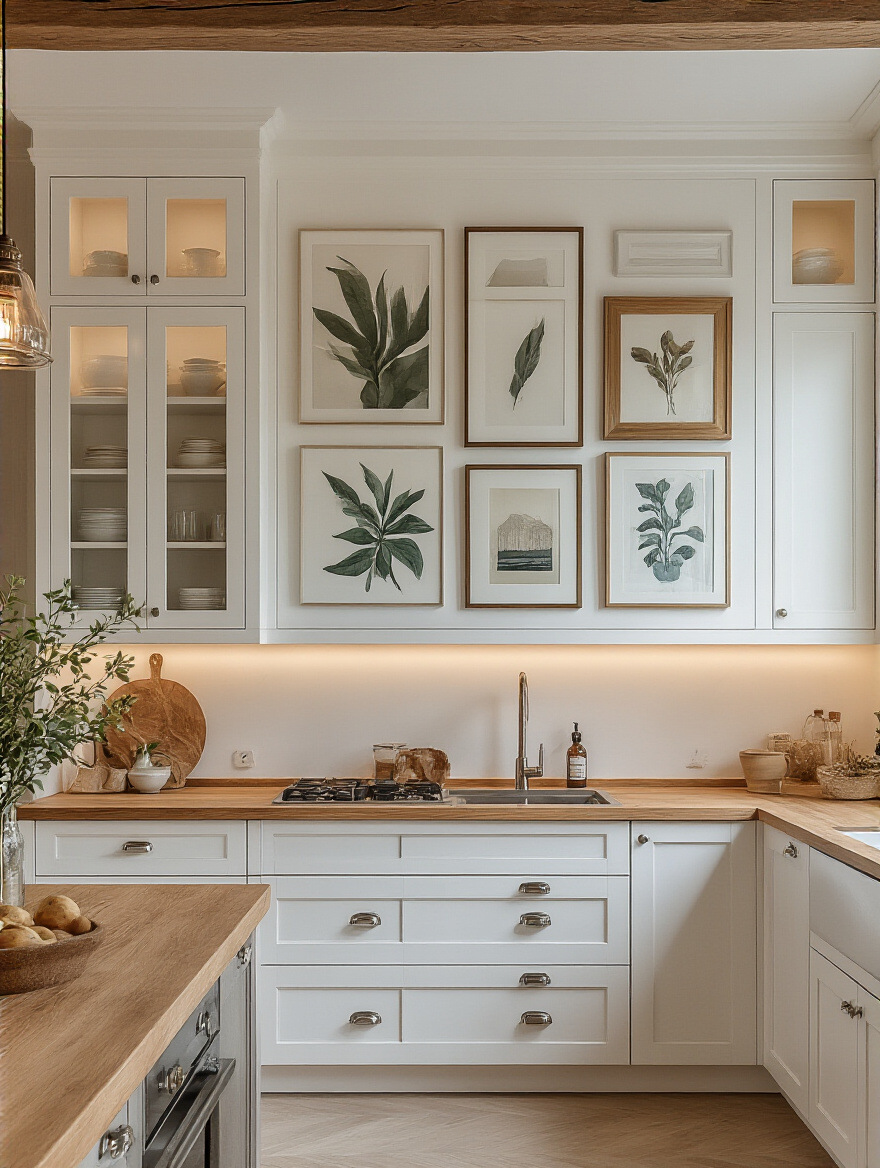 A cohesive kitchen wall decor scene featuring white cabinetry and curated art pieces.