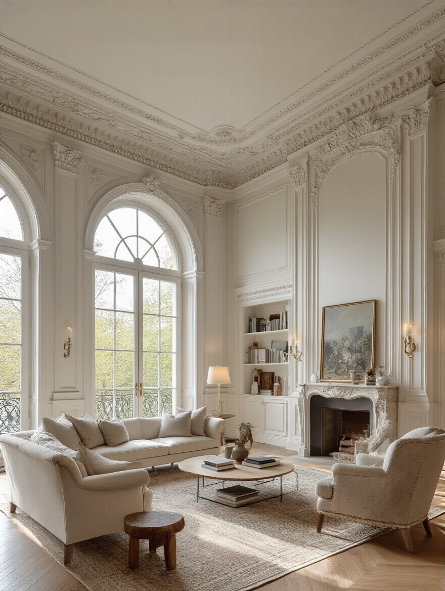 A beautifully designed living room showcasing architectural features like high ceilings and elegant moldings.