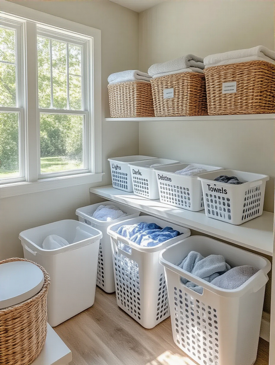 Professional photo of a laundry room with multiple compartment bins for sorting laundry