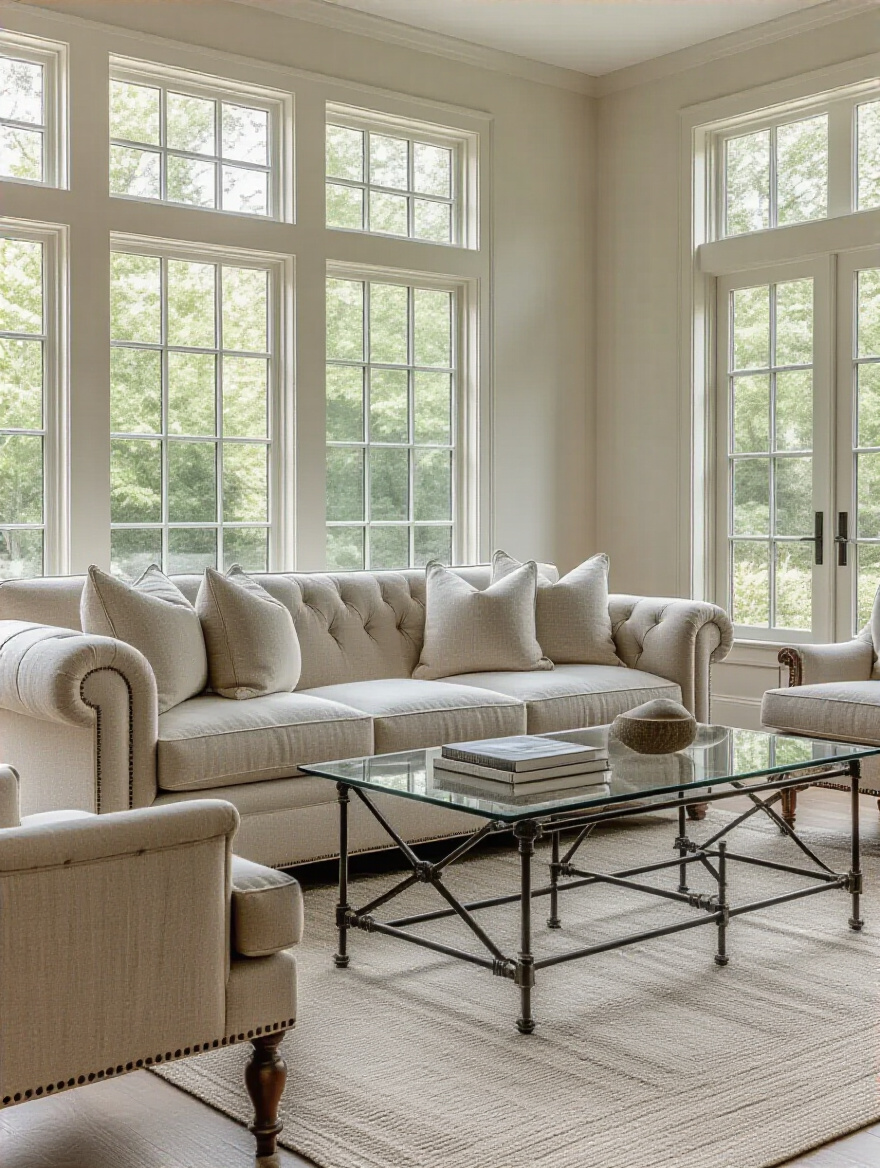 A beautifully designed living room featuring transitional furniture with a blend of traditional and modern elements.