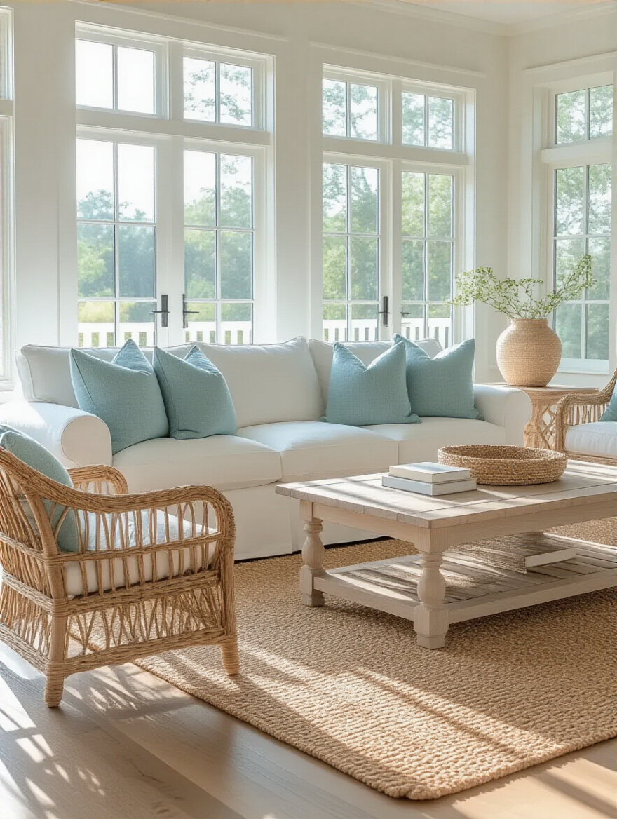 Light coastal furniture in a bright, airy living room with white slipcovered sofa and rattan chairs.