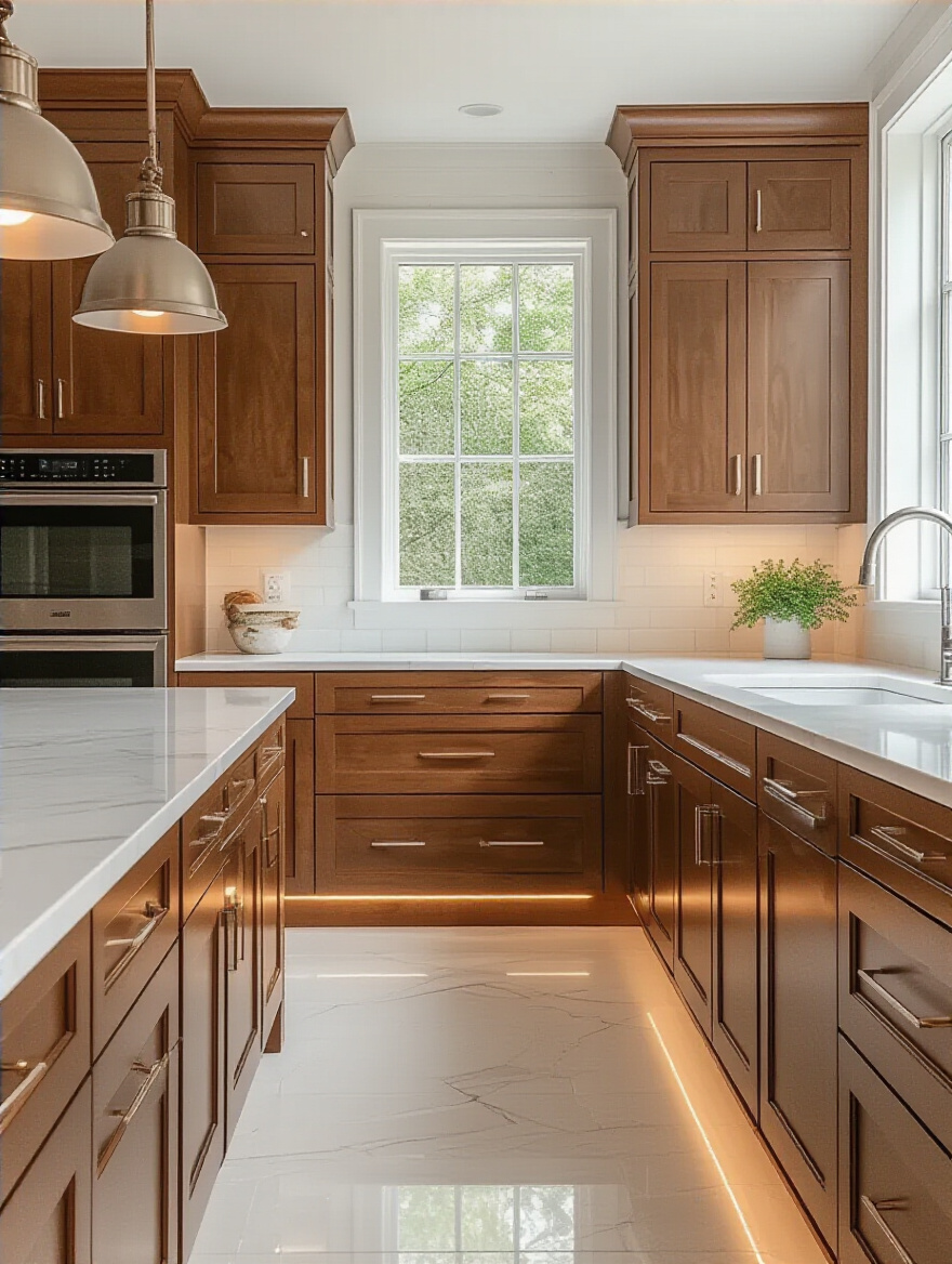 Warm brown kitchen with crisp white quartz countertops and a seamless white backsplash under bright natural and artificial lighting