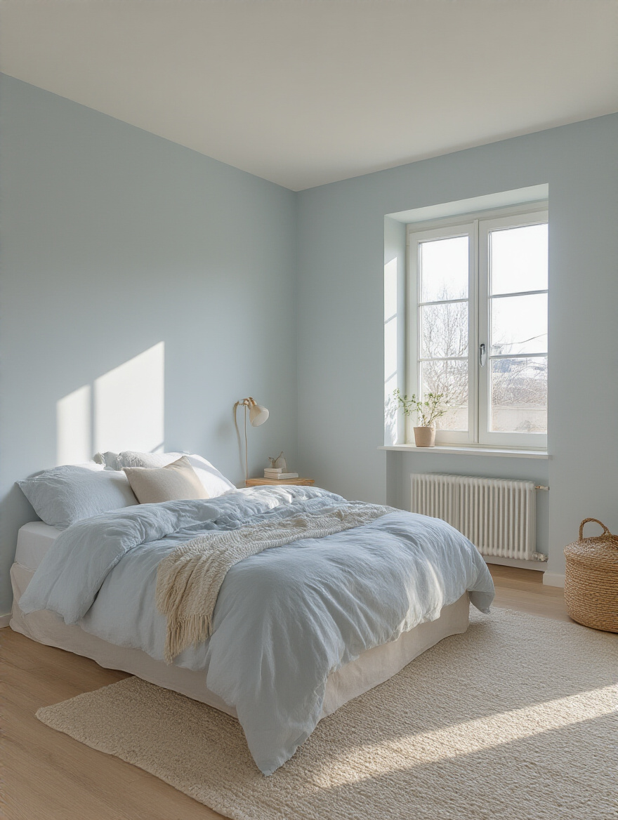 Small bedroom with light-colored walls and ceiling creating an airy and expanded look