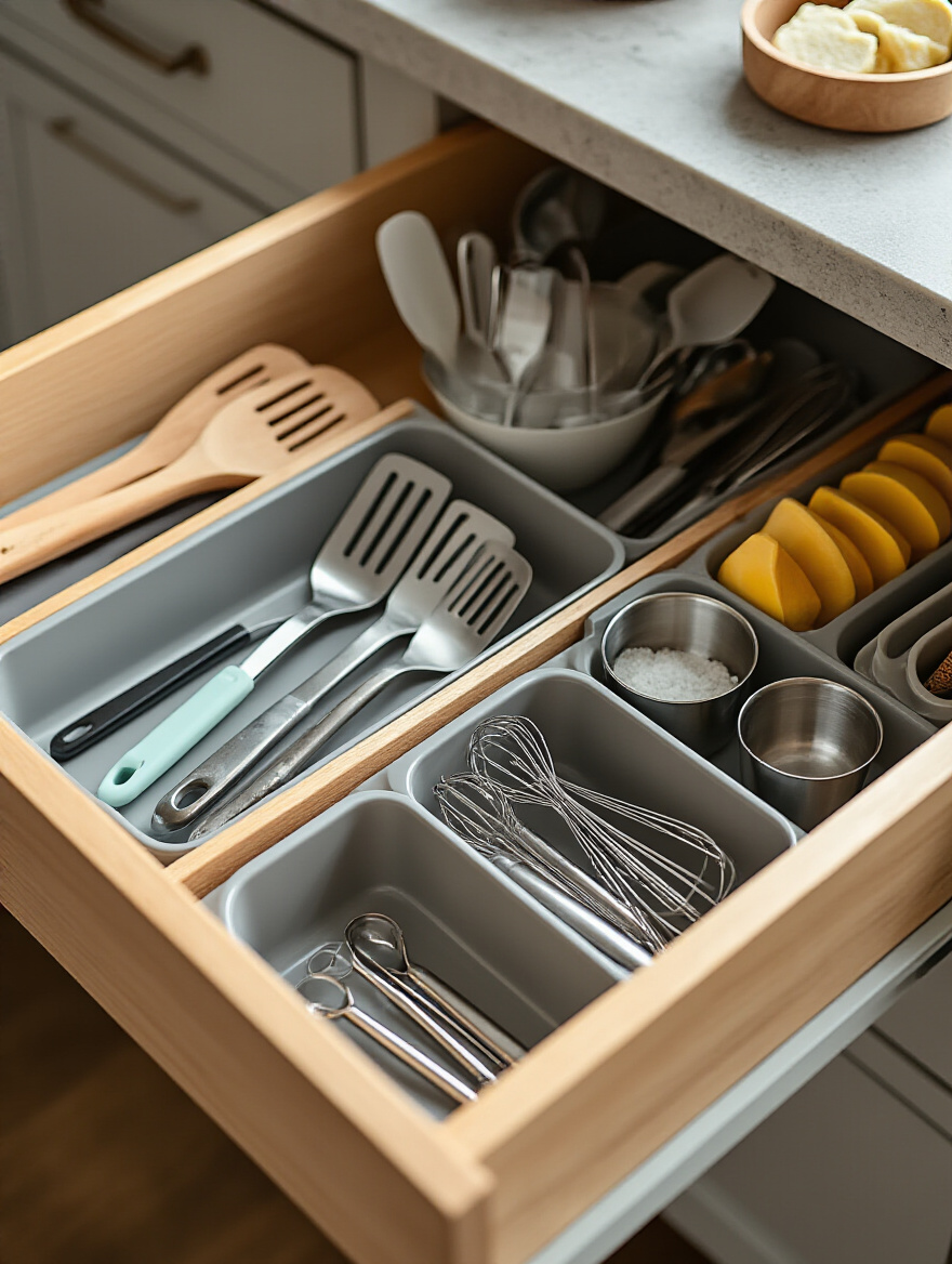 Organized kitchen drawer with adjustable dividers sectioning utensils