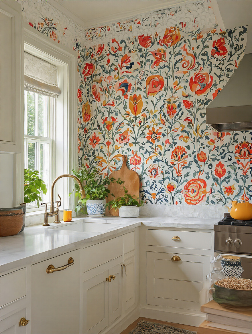 Stylish kitchen with vibrant designer wallpaper on an accent wall