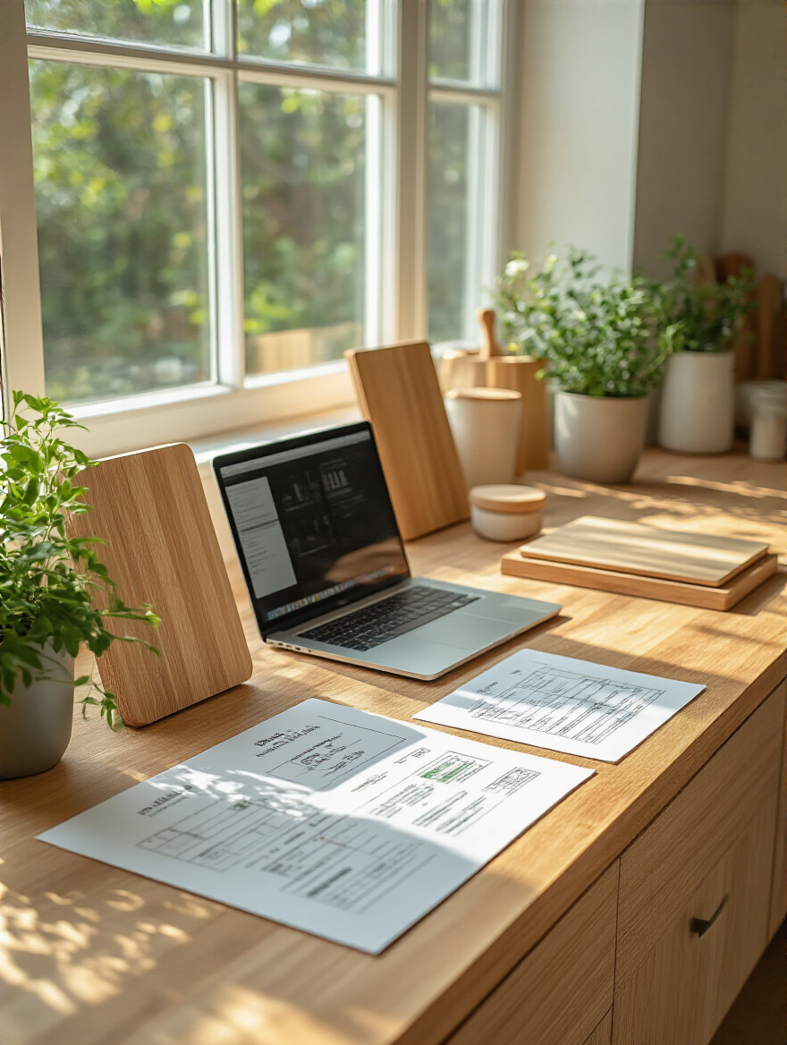 Workspace with eco-friendly organic kitchen cabinet samples and budgeting sheets in natural daylight