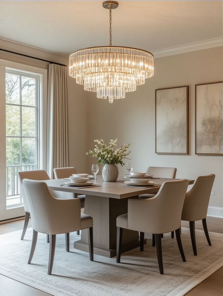 Perfectly sized chandelier hanging above a rectangular dining table in a modern dining room