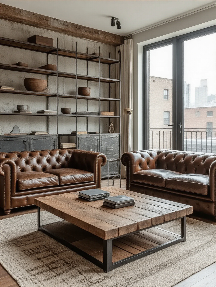 Living room featuring industrial furniture styles with reclaimed wood and leather accents.