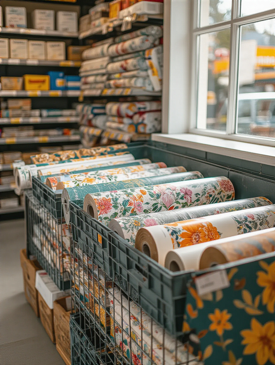 Clearance bin filled with colorful wallpaper rolls in a local hardware store