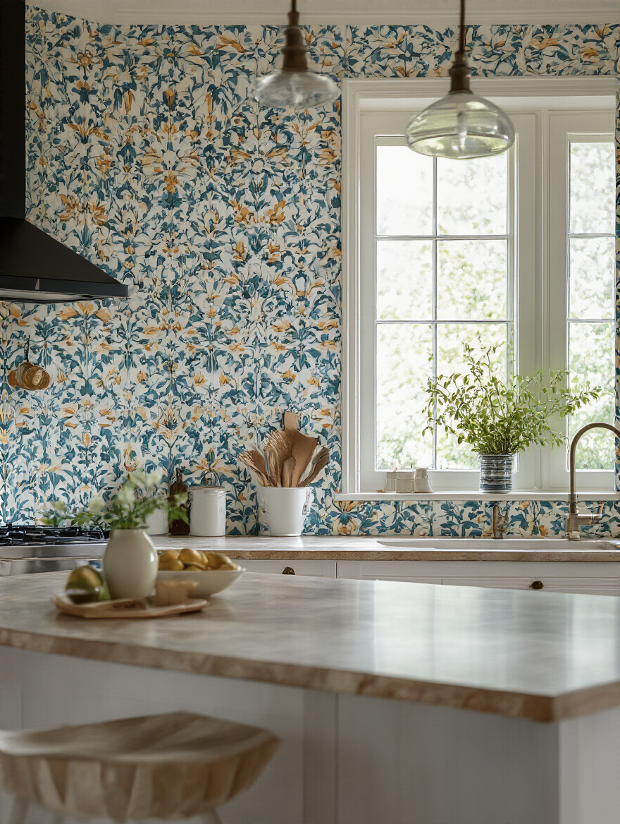 Modern kitchen with durable vinyl wallpaper showcasing vibrant colors and texture.