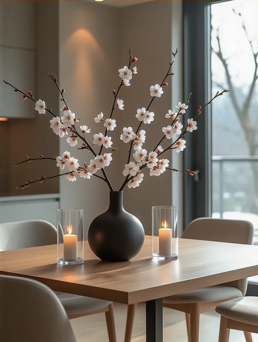 Modern dining room with a sleek black vase centerpiece featuring cherry blossoms and acrylic candle holders, illuminated by natural and soft lighting
