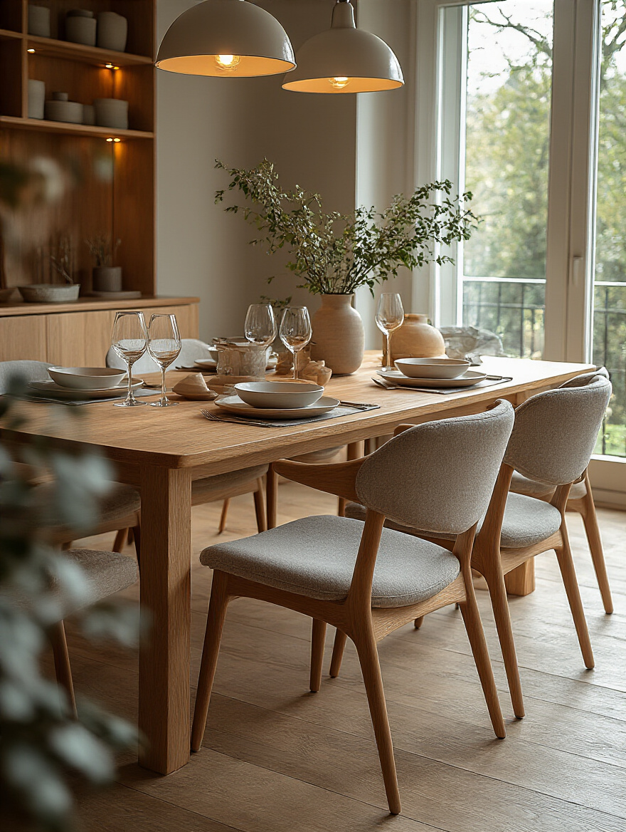 Elegant dining room with ergonomic dining chairs and warm lighting