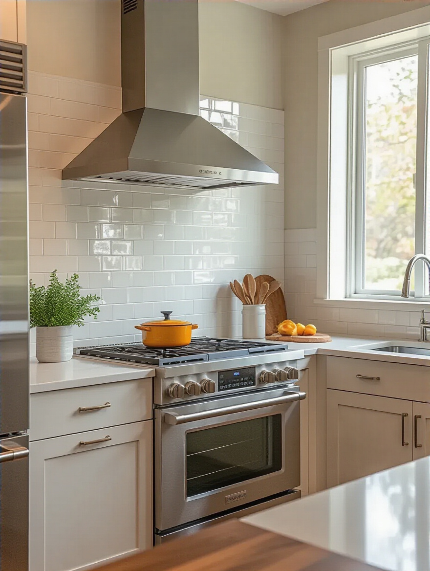 Modern kitchen showcasing durable and easy-to-clean wall finishes, featuring glazed ceramic tiles and washable semi-gloss paint.