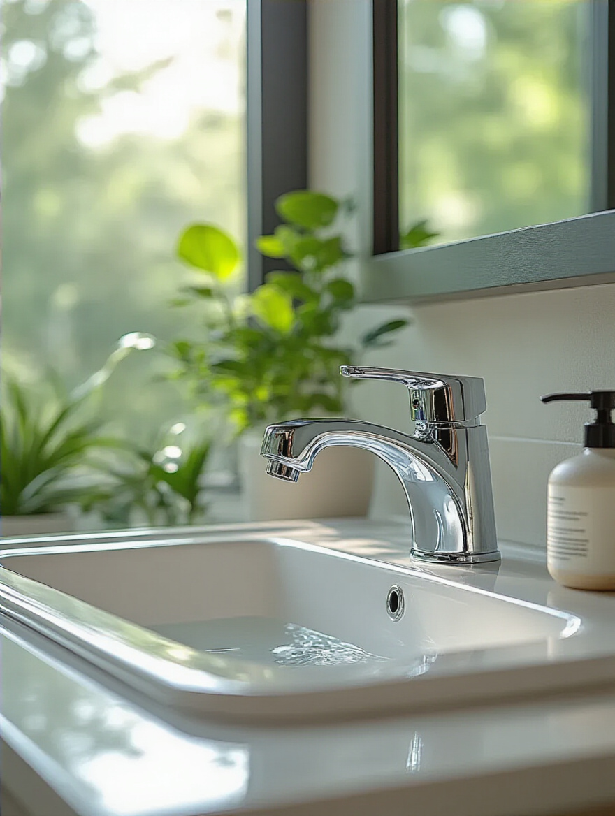Modern bathroom sink with chrome WaterSense-labeled faucet and showerhead reflecting in mirror, brightly lit, no people
