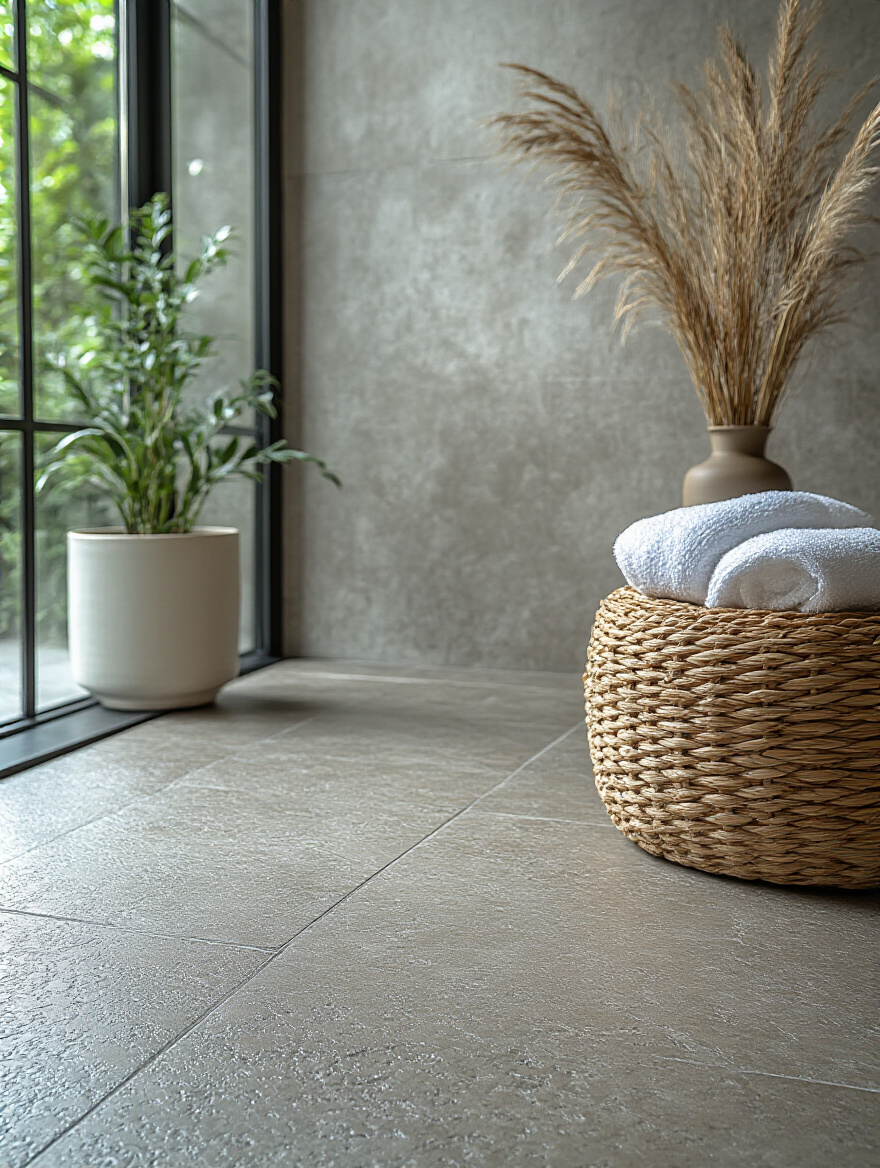 Close-up portrait photo of textured anti-slip bathroom floor tiles with matte finish and grout lines, highlighting safety and style.