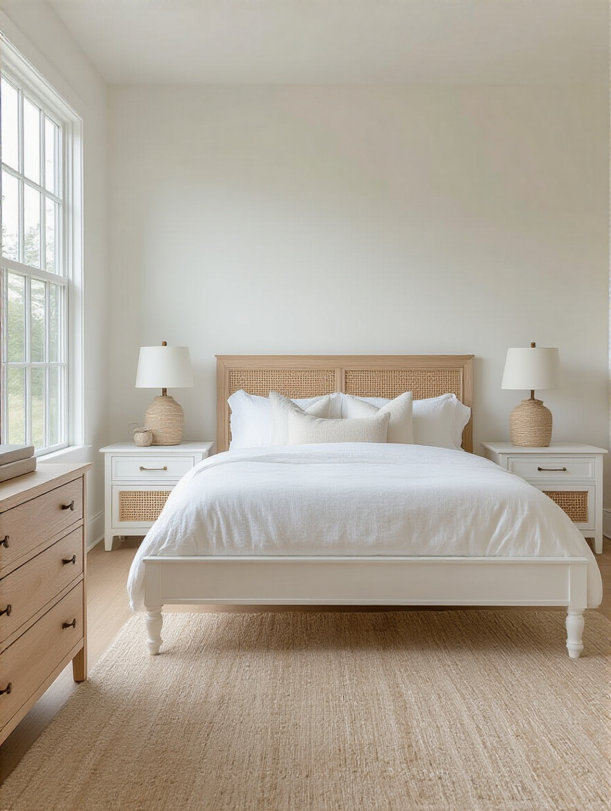 White bedroom with foundational furniture pieces in white and natural wood tones, including a white upholstered bed and bleached oak dresser