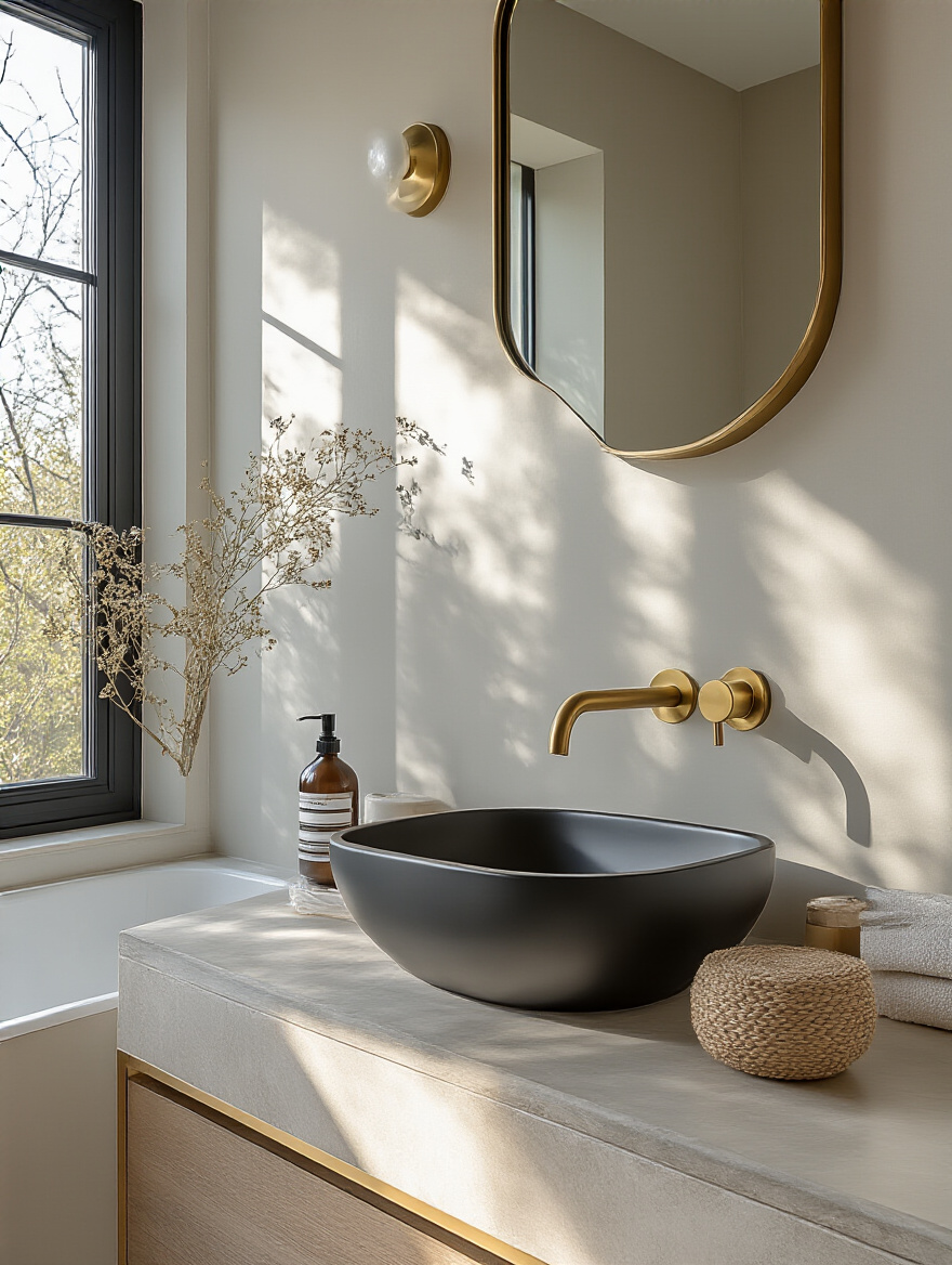 Modern bathroom with matte black and brushed brass fixtures in a minimalist design