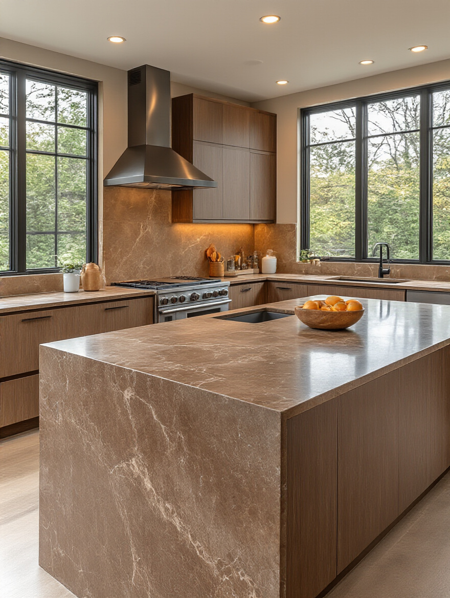 Modern kitchen with sleek brown quartz countertops featuring a seamless waterfall edge and warm brown cabinetry