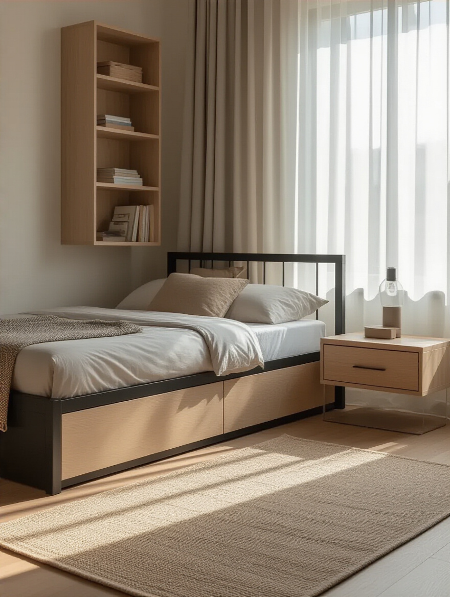 Small bedroom with slim profile furniture including platform bed and floating nightstand maximizing space