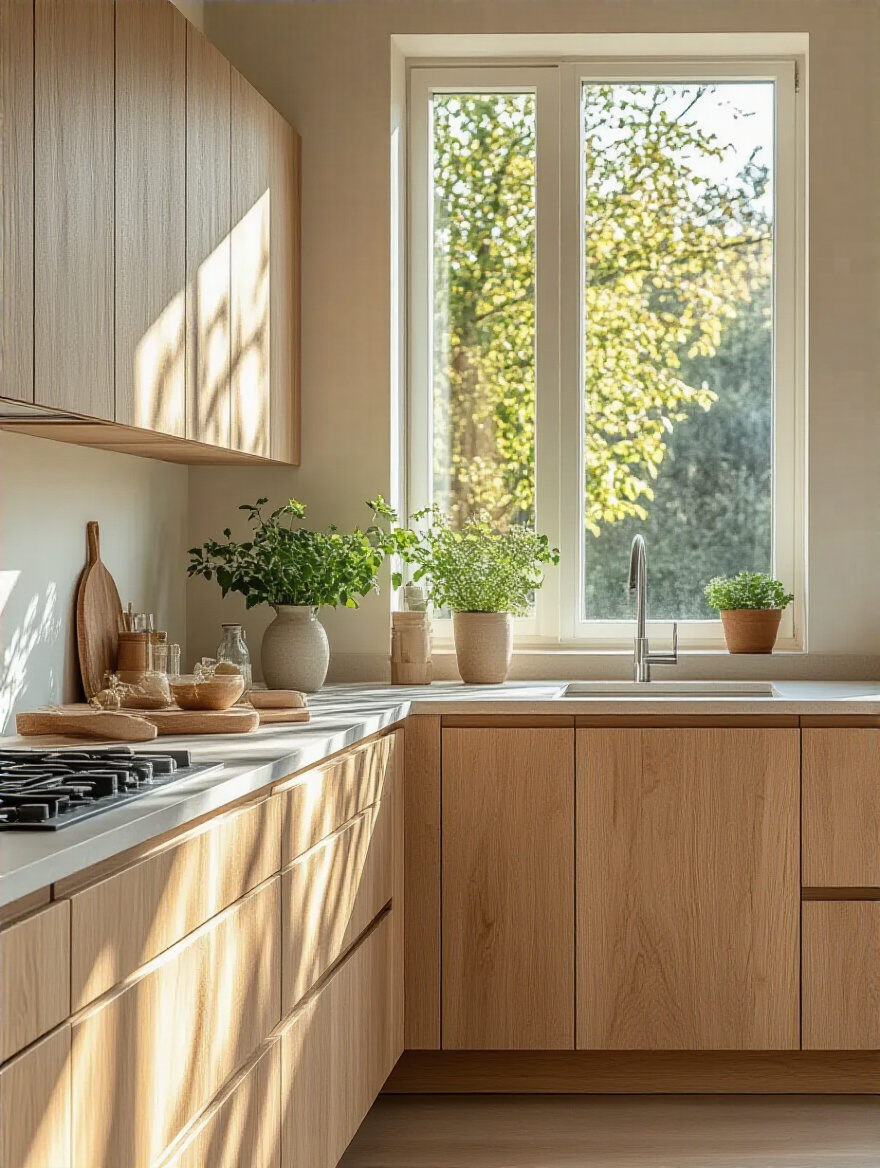 Close-up portrait of organic kitchen cabinet corner with clear water-based finish highlighting natural wood grain under soft natural lighting