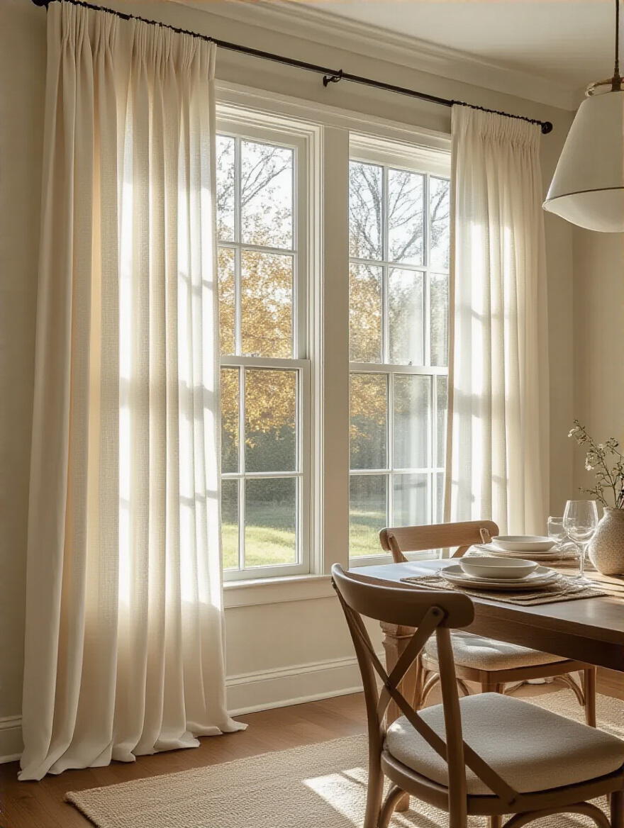 Elegant dining room featuring window treatments for light control and added texture