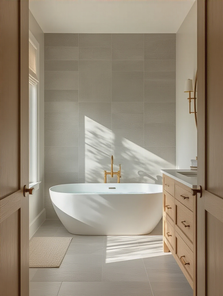 Spa-like bathroom interior with cohesive light grey, white, and brass color palette and natural warm lighting
