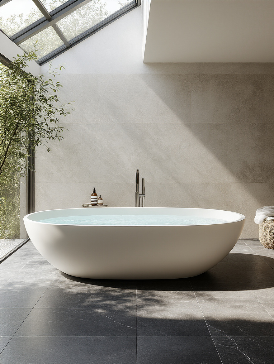 Modern bathroom with a matte white freestanding soaking tub as a sculptural centerpiece under a skylight on dark tile floor