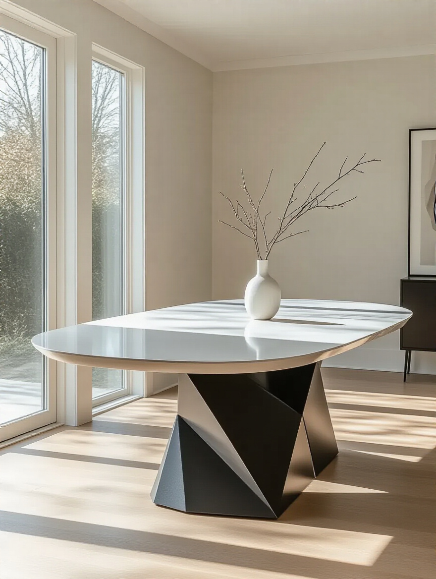 Modern dining room with sleek oval table and sculptural black steel geometric base, minimalist decor, natural lighting